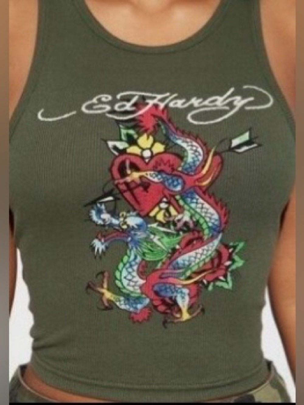 ED HARDY Dragon Heart Fitted Rib Knit Cropped Tank Top Olive DON ED HARDY DESIGN